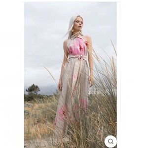NWT Milva Mi Taupe Pink Floral Halter Belted Dress Italian‎ Cotton Small